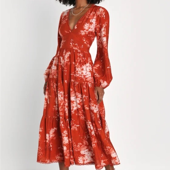 Lulu’s Striking Impression Orange Floral Print Tiered Midi Dress - Picture 1 of 8